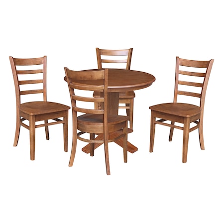 International Concepts 36 in. Solid Wood Round Top Pedestal Dining Table with 4 Chairs in Distress Oak K42-36RT-23B-C617-4